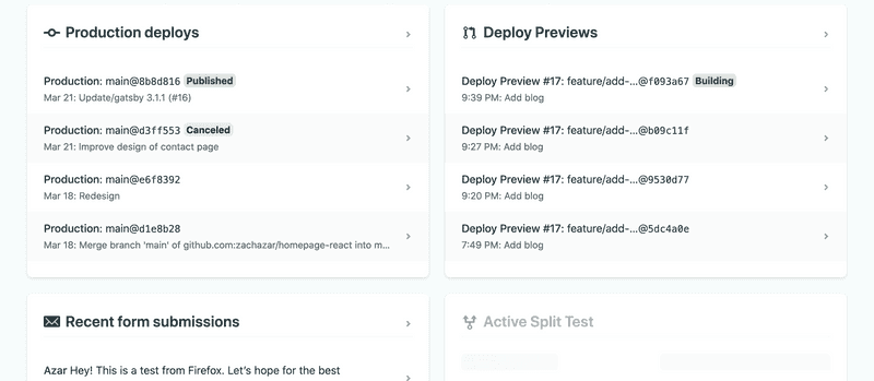 Screenshot of preview/production builds in Netlify